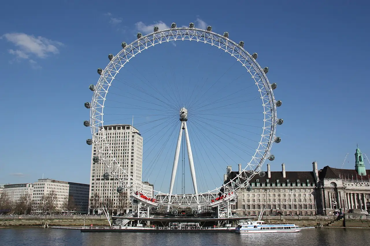 La ruota del London Eye vista dalla riva opposta del Tamigi in una giornata di sole, con il County Hall a destra